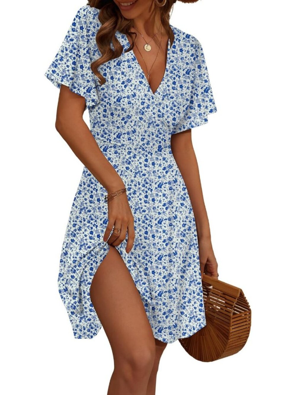 Summer Wrap V Neck Flowy Midi Dress for Women - Perfect Sundress for Beach